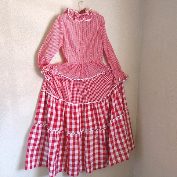 VTG Cottagecore Red Ruffled Gingham Plaid Maxi Dress Size S - Picture 10 of 11